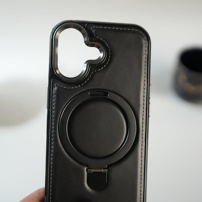 iPhone 17 Premium PU Leather Case with Metal Kickstand | Metal Camera Bump | Luxury Shockproof Back Cover