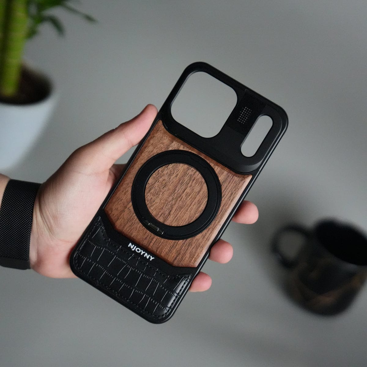 iPhone 17 Series Metallic Wood Leather AeroFLex Aluminium  Case With Rotating Stand