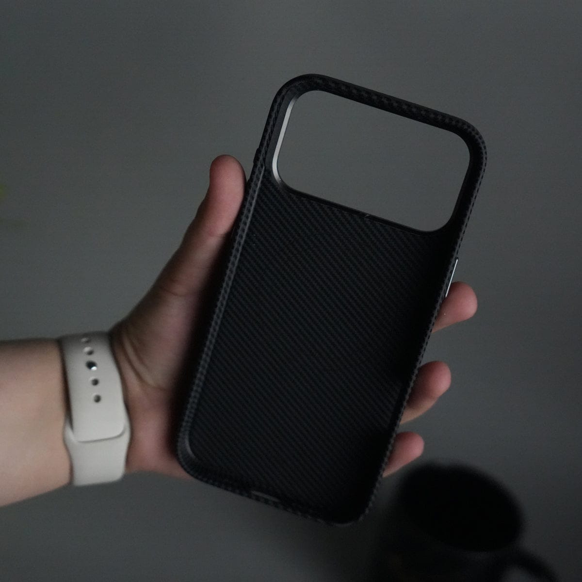 iPhone 17 Pro Carbon Fiber Texture Case with Metal Camera Frame & Rotating Ring Stand
