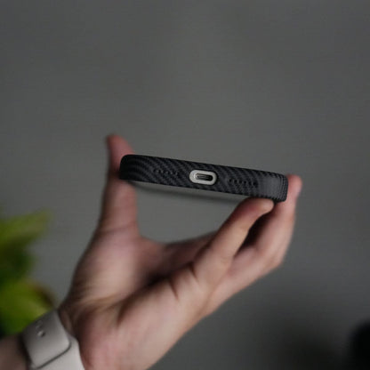 iPhone 17 Pro Carbon Fiber Texture Case with Metal Camera Frame & Rotating Ring Stand