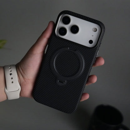 iPhone 17 Pro Carbon Fiber Texture Case with Metal Camera Frame & Rotating Ring Stand