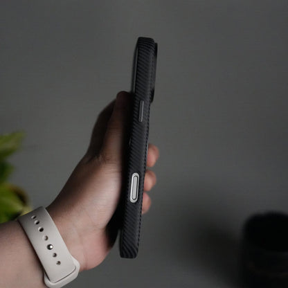 iPhone 17 Pro Carbon Fiber Texture Case with Metal Camera Frame & Rotating Ring Stand