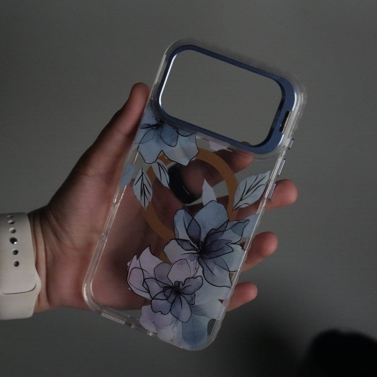 iPhone 17 Pro FloraCrystal Clear Floral Design Case with Color Metal Camera Stand Frame