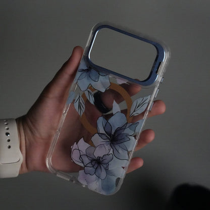 iPhone 17 Pro FloraCrystal Clear Floral Design Case with Color Metal Camera Stand Frame
