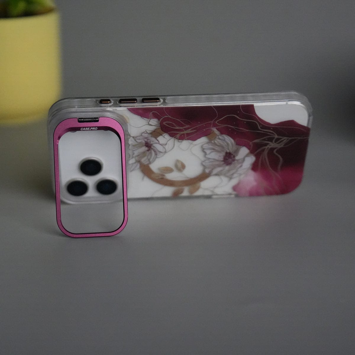 iPhone 17 Pro FloraCrystal Clear Floral Design Case with Color Metal Camera Stand Frame