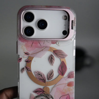 iPhone 17 Pro FloraCrystal Clear Floral Design Case with Color Metal Camera Stand Frame