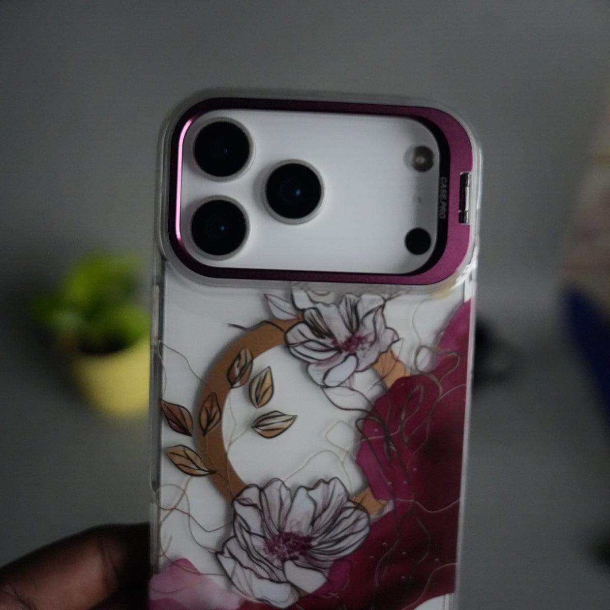 iPhone 17 Pro Max FloraCrystal Clear Floral Design Case with Color Metal Camera Stand Frame