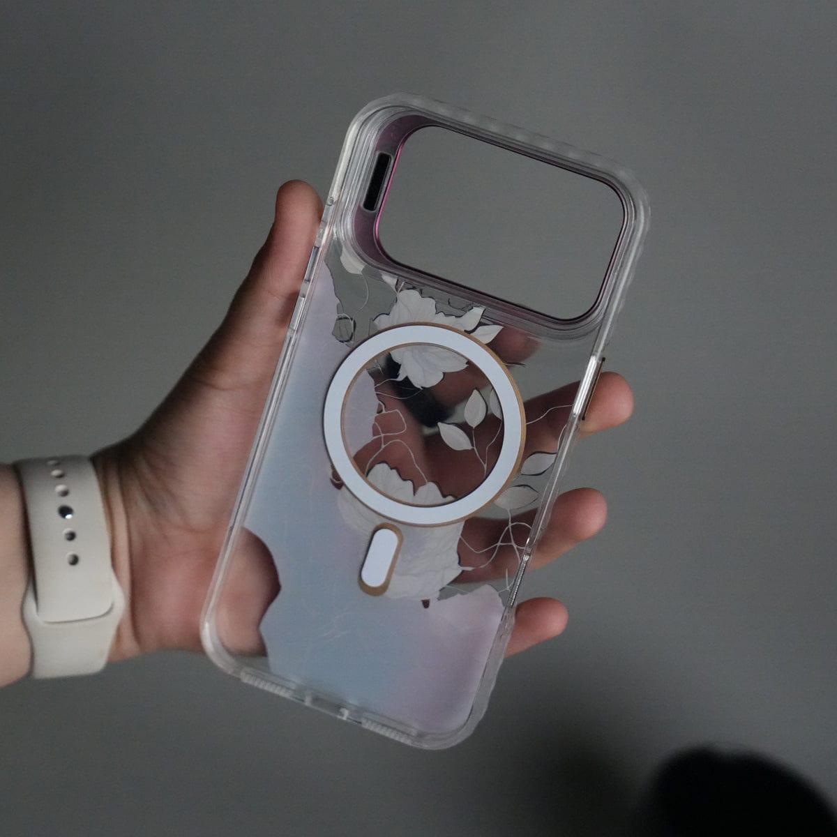 iPhone 17 Pro Max FloraCrystal Clear Floral Design Case with Color Metal Camera Stand Frame