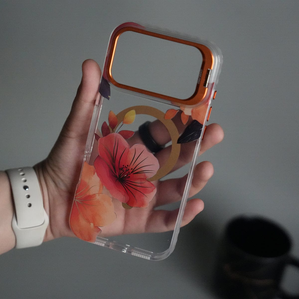 iPhone 17 Pro FloraCrystal Clear Floral Design Case with Color Metal Camera Stand Frame