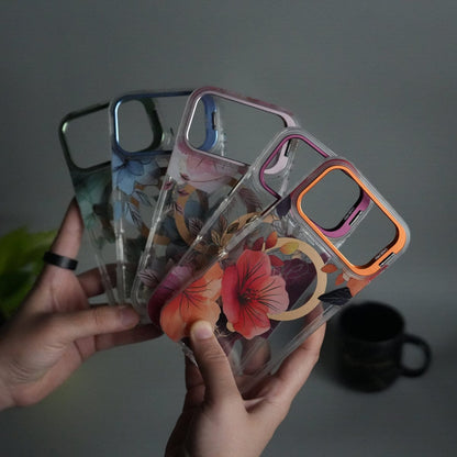 iPhone 17 Pro FloraCrystal Clear Floral Design Case with Color Metal Camera Stand Frame