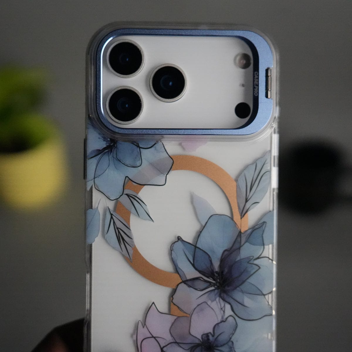 iPhone 17 Pro FloraCrystal Clear Floral Design Case with Color Metal Camera Stand Frame