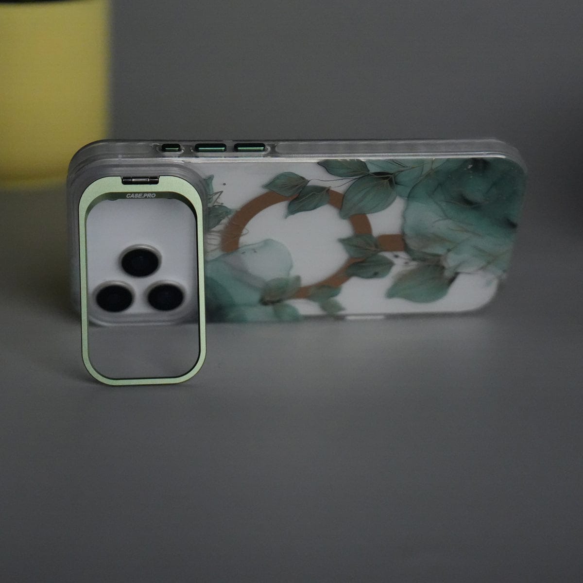iPhone 17 Pro FloraCrystal Clear Floral Design Case with Color Metal Camera Stand Frame