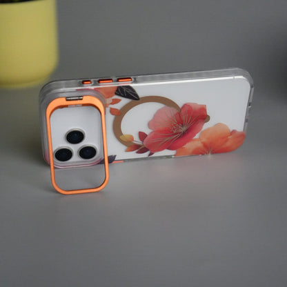 iPhone 17 Pro FloraCrystal Clear Floral Design Case with Color Metal Camera Stand Frame