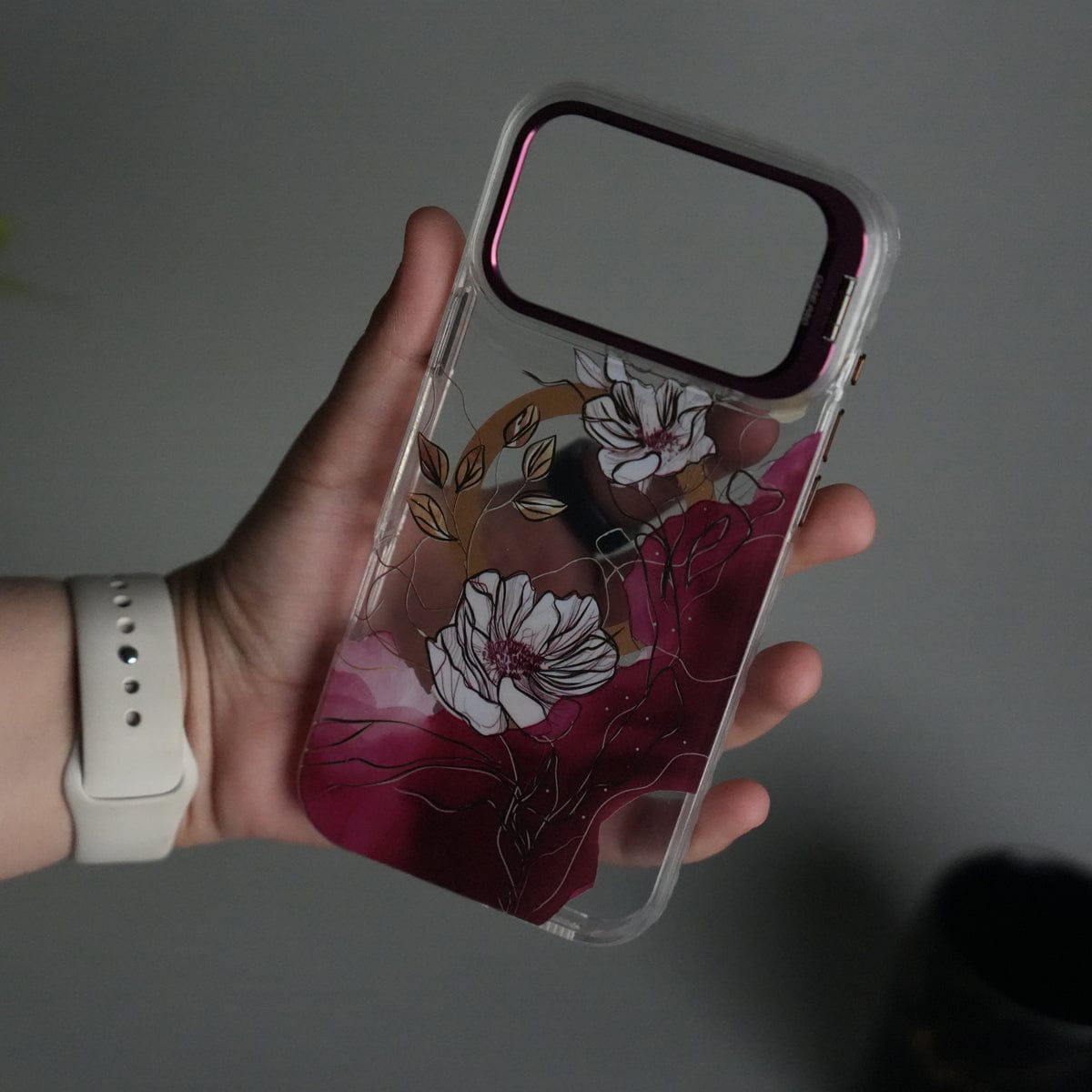 iPhone 17 Pro FloraCrystal Clear Floral Design Case with Color Metal Camera Stand Frame