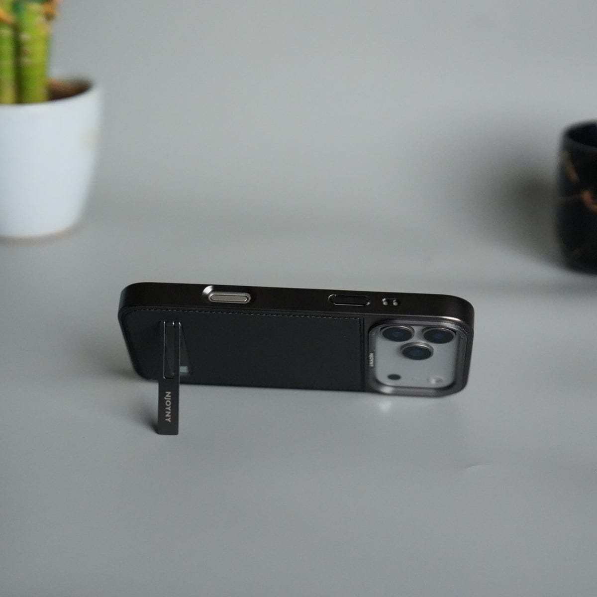 iPhone 17 Pro Leather Mate Chrome Plated Kick Stand Case Cover