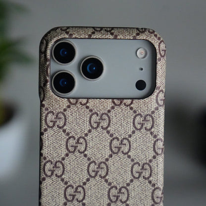 iPhone 17 Pro Luxury GG Pattern PU Leather Case Cover (Beige)