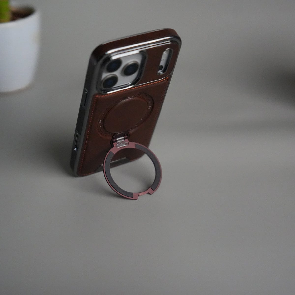 iPhone 17 Pro Luxury Leather Magnetic Ring Case | Metal Kickstand Cover with Chrome Frame