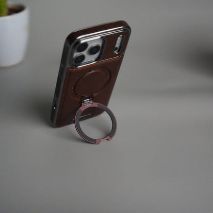 iPhone 17 Pro Luxury Leather Magnetic Ring Case | Metal Kickstand Cover with Chrome Frame