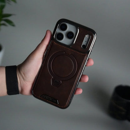 iPhone 17 Pro Max Luxury Leather Magnetic Ring Case | Metal Kickstand Cover with Chrome Frame