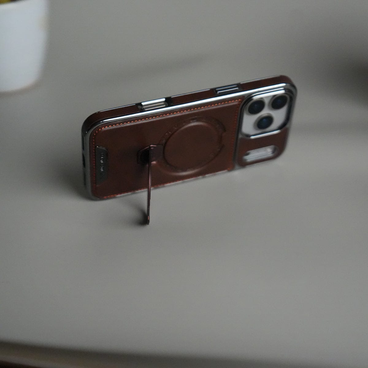 iPhone 17 Pro Luxury Leather Magnetic Ring Case | Metal Kickstand Cover with Chrome Frame