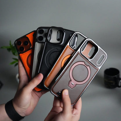 iPhone 17 Pro Max Luxury Leather Magnetic Ring Case | Metal Kickstand Cover with Chrome Frame