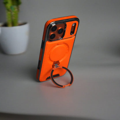 iPhone 17 Pro Luxury Leather Magnetic Ring Case | Metal Kickstand Cover with Chrome Frame