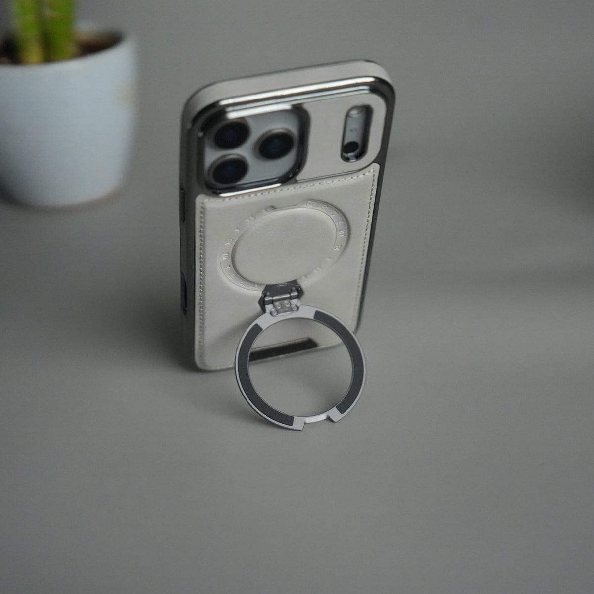 iPhone 17 Pro Luxury Leather Magnetic Ring Case | Metal Kickstand Cover with Chrome Frame