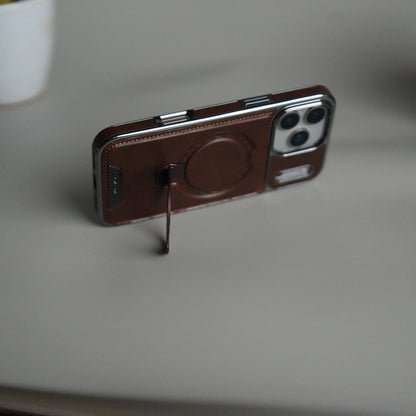 iPhone 17 Pro Max Luxury Leather Magnetic Ring Case | Metal Kickstand Cover with Chrome Frame