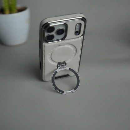 iPhone 17 Pro Max Luxury Leather Magnetic Ring Case | Metal Kickstand Cover with Chrome Frame