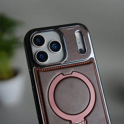 iPhone 17 Pro Luxury Leather Magnetic Ring Case | Metal Kickstand Cover with Chrome Frame