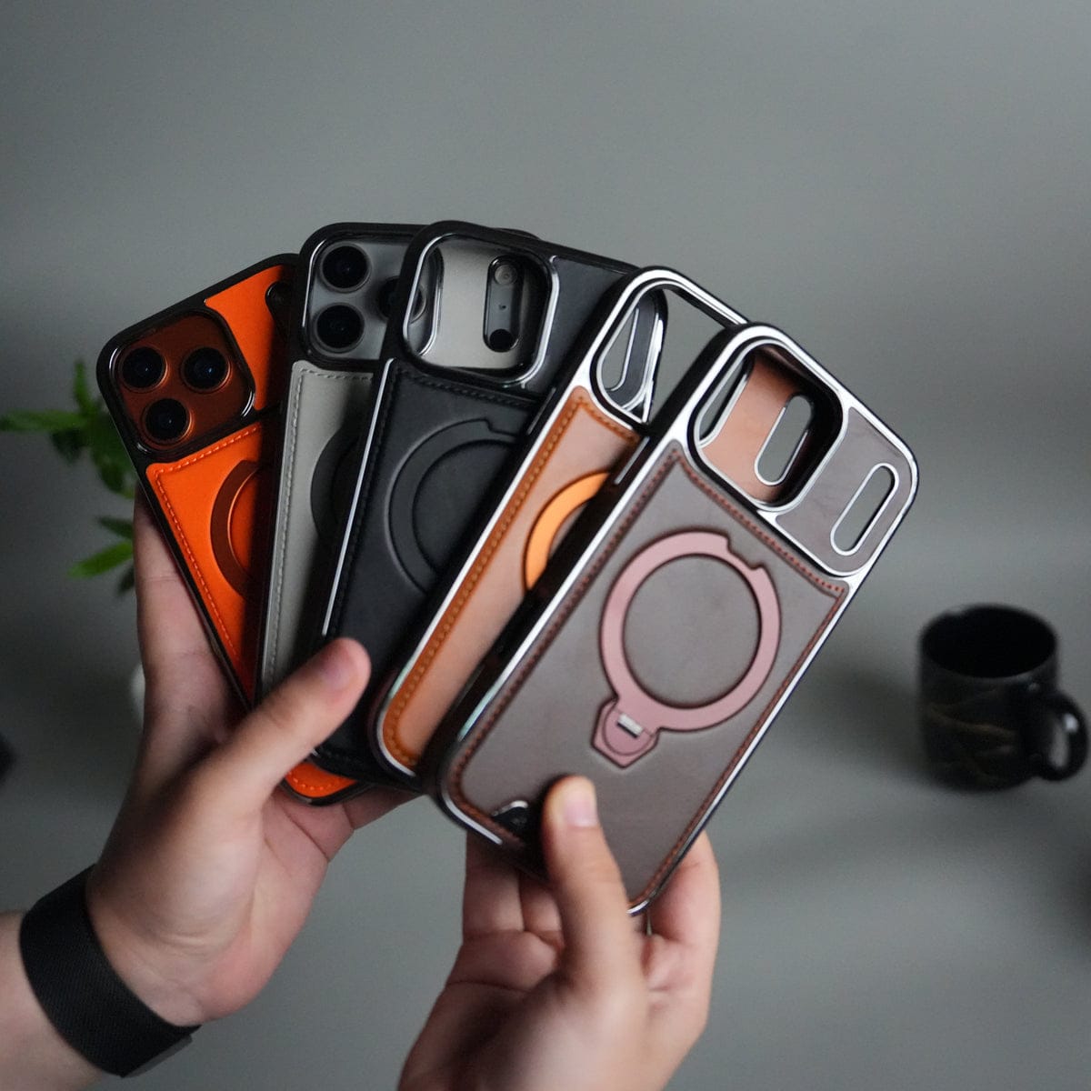 iPhone 17 Pro Luxury Leather Magnetic Ring Case | Metal Kickstand Cover with Chrome Frame