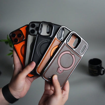 iPhone 17 Pro Luxury Leather Magnetic Ring Case | Metal Kickstand Cover with Chrome Frame
