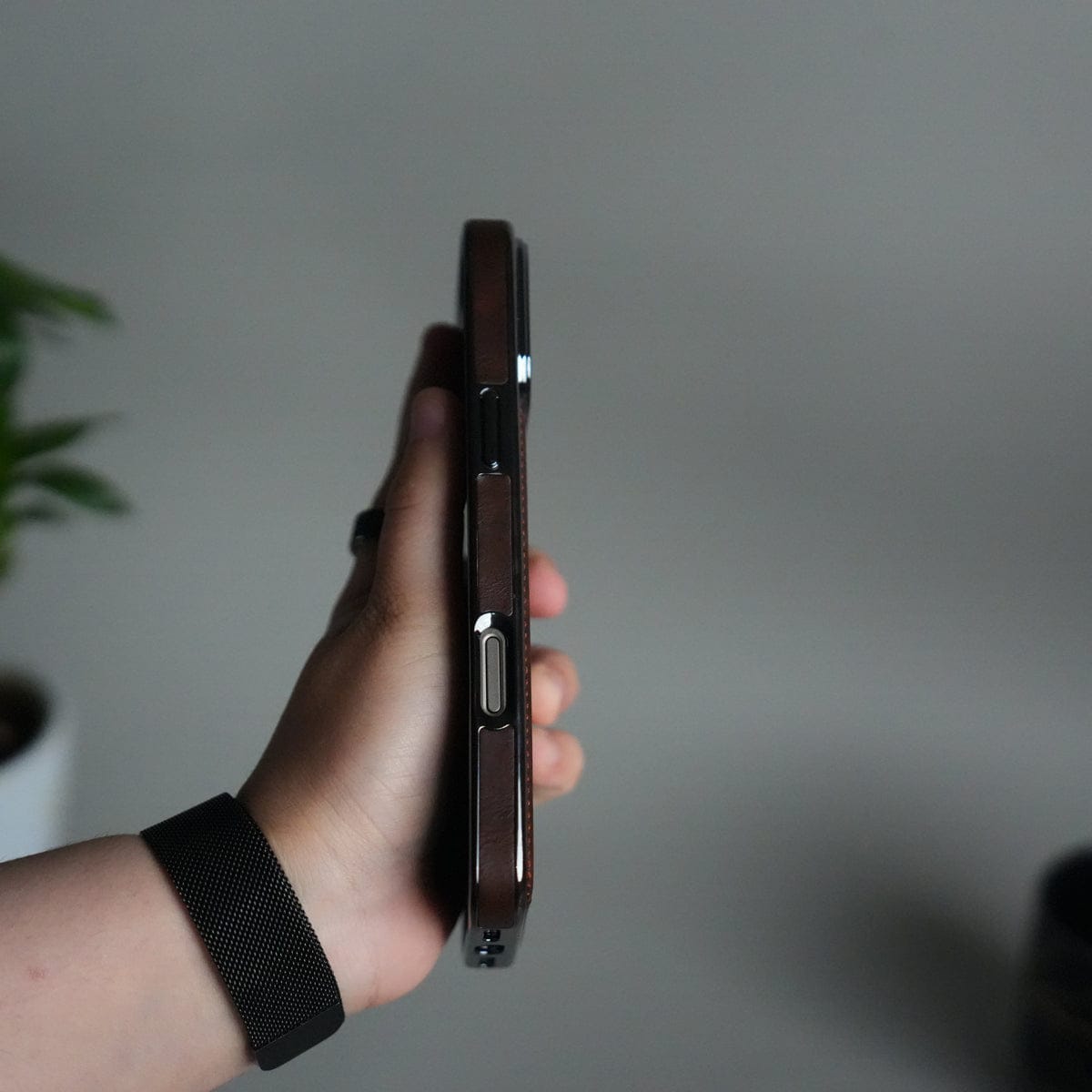 iPhone 17 Pro Luxury Leather Magnetic Ring Case | Metal Kickstand Cover with Chrome Frame
