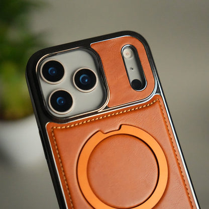 iPhone 17 Pro Max Luxury Leather Magnetic Ring Case | Metal Kickstand Cover with Chrome Frame
