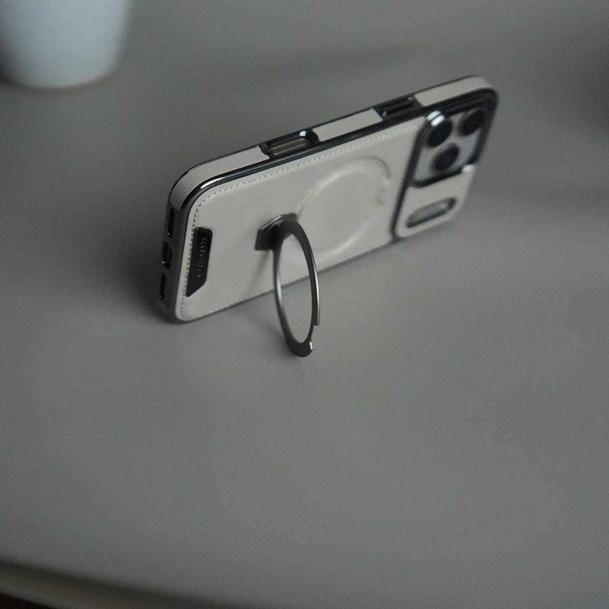 iPhone 17 Pro Luxury Leather Magnetic Ring Case | Metal Kickstand Cover with Chrome Frame
