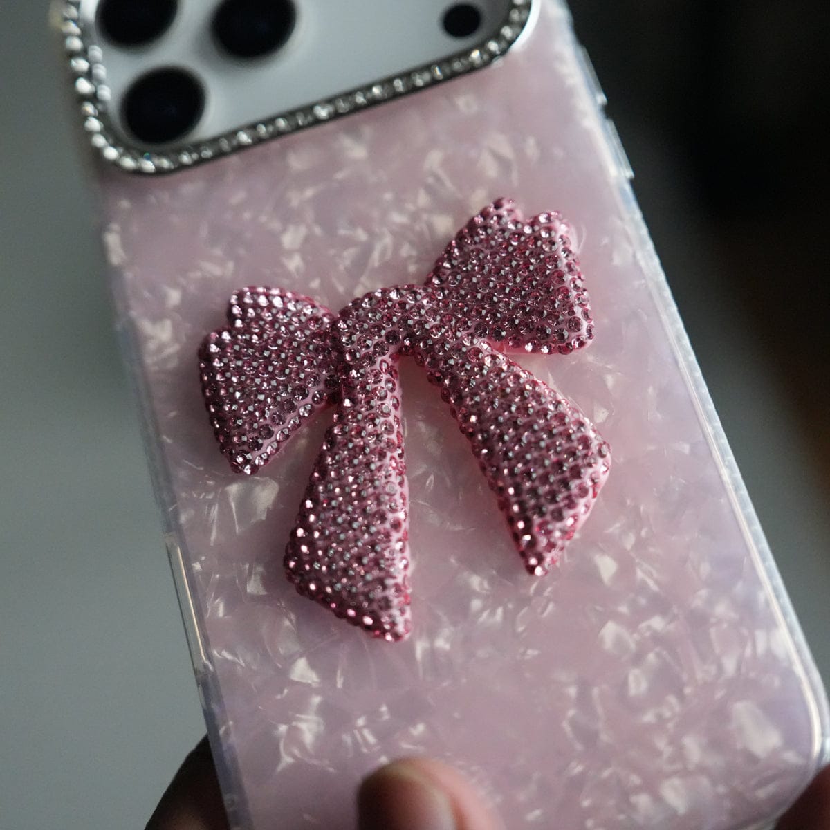 iPhone 17 Pro Max Marble Design Case | Luxury Rhinestone Camera Frame & 3D Diamond Bow Cover