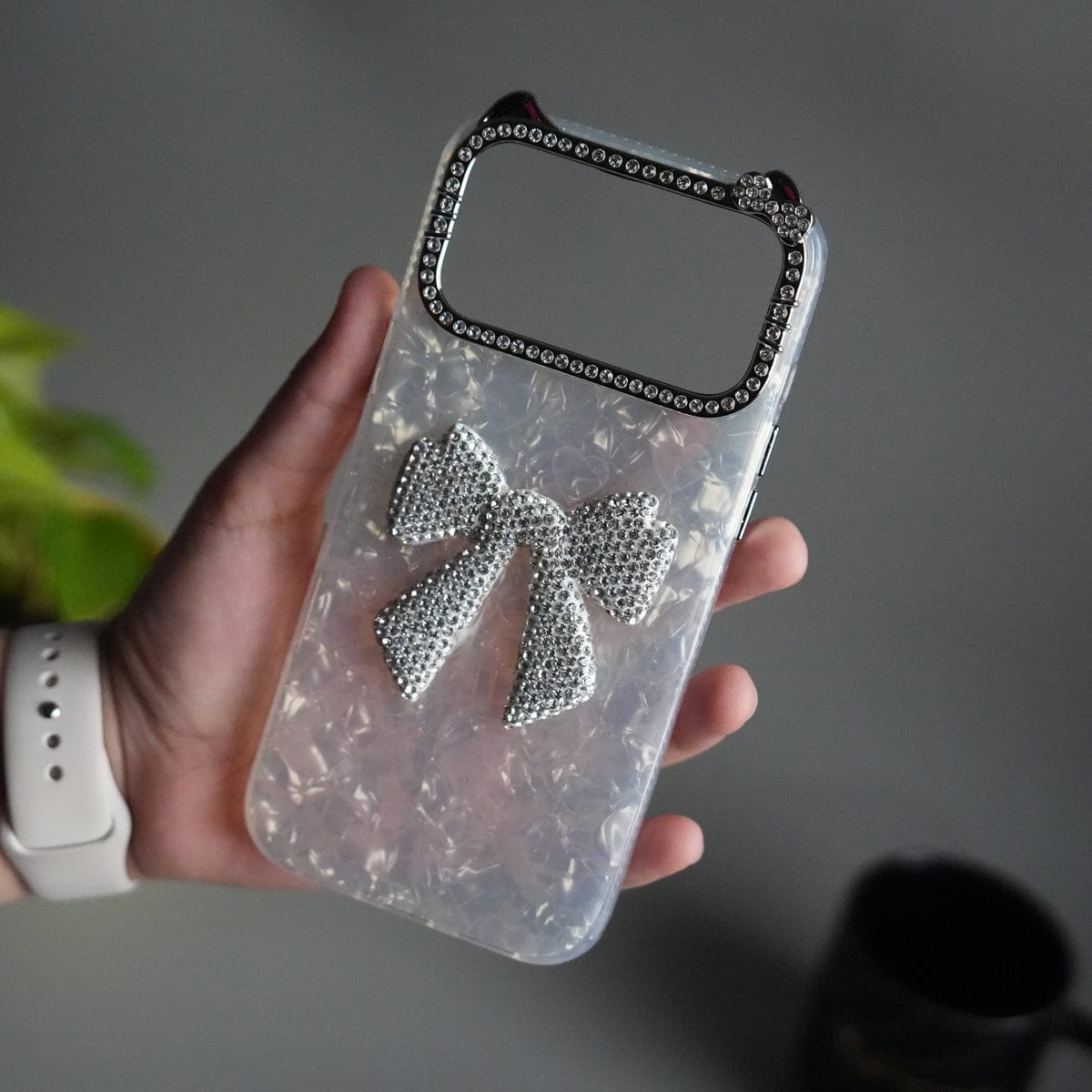 iPhone 17 Pro Max Marble Design Case | Luxury Rhinestone Camera Frame & 3D Diamond Bow Cover