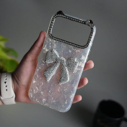 iPhone 17 Pro Max Marble Design Case | Luxury Rhinestone Camera Frame & 3D Diamond Bow Cover