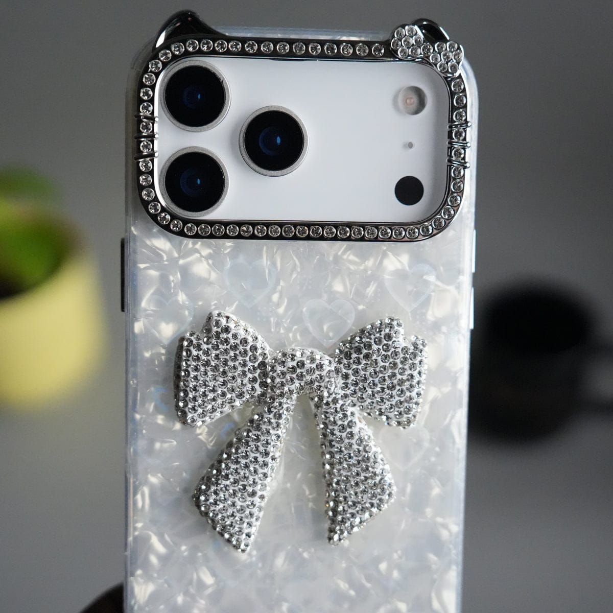 iPhone 17 Pro Max Marble Design Case | Luxury Rhinestone Camera Frame & 3D Diamond Bow Cover