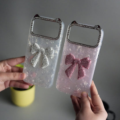 iPhone 17 Pro Max Marble Design Case | Luxury Rhinestone Camera Frame & 3D Diamond Bow Cover