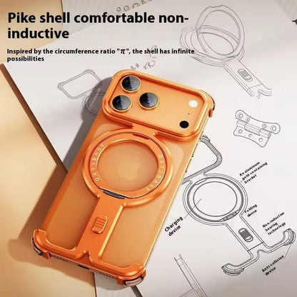iPhone 17 Pro Metal Frameless Bumper Case | Blue Aluminum Protective Cover with 360° Rotating Stand