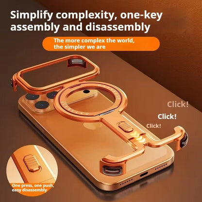 iPhone 17 Pro Metal Frameless Bumper Case | Blue Aluminum Protective Cover with 360° Rotating Stand