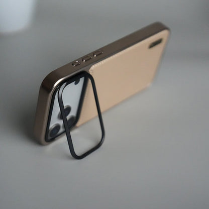 iPhone 17 Pro Premium Leather Back Case with Metal Kickstand And camera Bump Cover