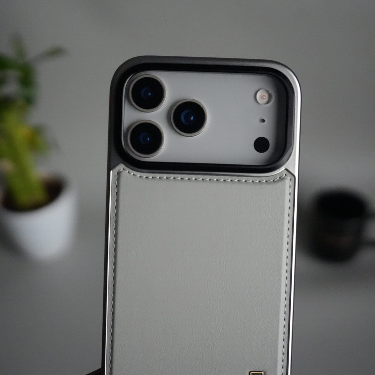 iPhone 17 Pro Premium Leather Back Case with Metal Kickstand And camera Bump Cover