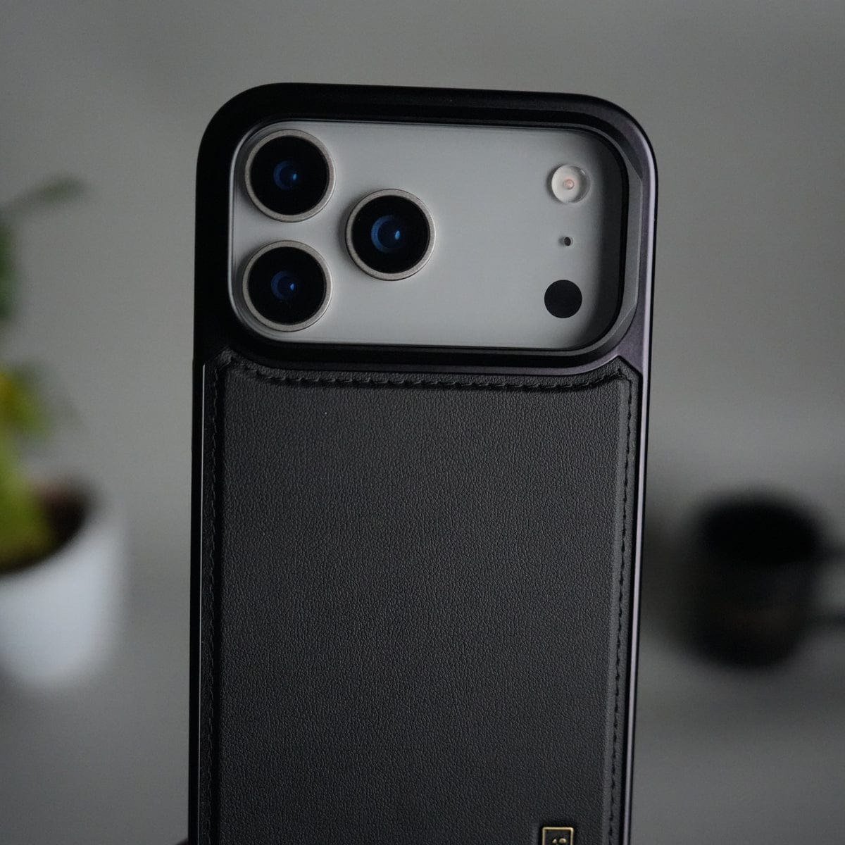 iPhone 17 Pro Max Premium Leather Back Case with Metal Kickstand And camera Bump Cover