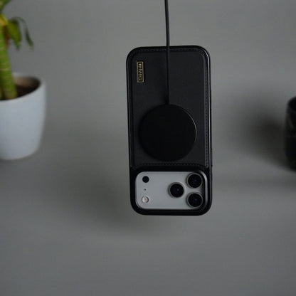 iPhone 17 Pro Premium Leather Back Case with Metal Kickstand And camera Bump Cover