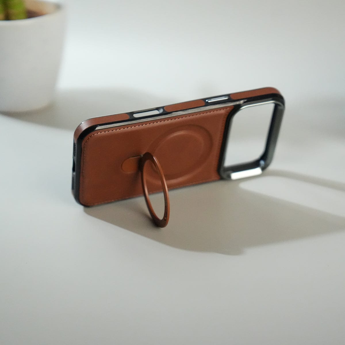 iPhone 17 Pro Premium PU Leather Case with Metal Kickstand | Metal Camera Bump | Luxury Shockproof Back Cover