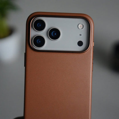 iPhone 17 Pro Max Premium PU Leather MagSafe Case | Metal Camera Frame Luxury Back Cover | Brown