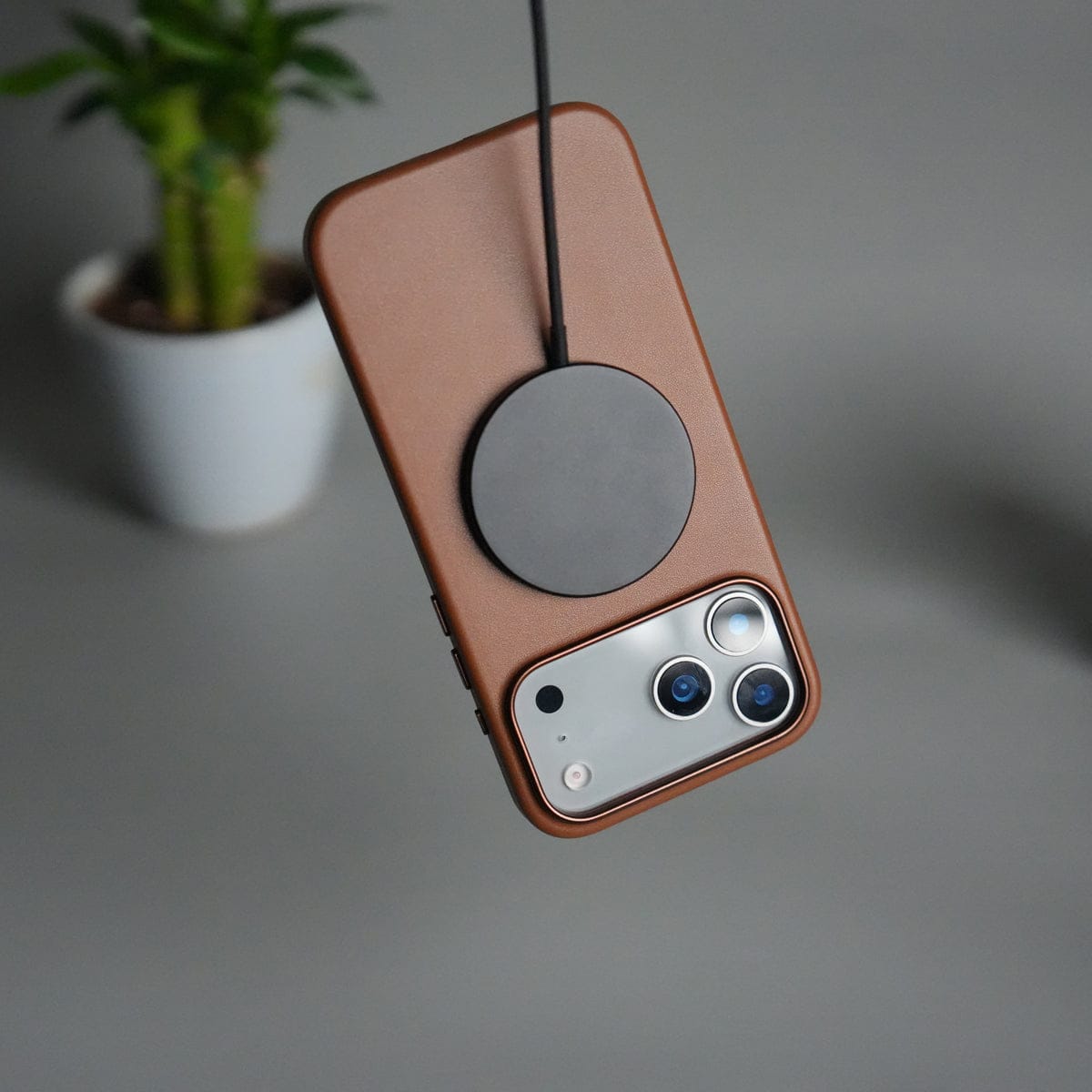 iPhone 17 Pro Max Premium PU Leather MagSafe Case | Metal Camera Frame Luxury Back Cover | Brown