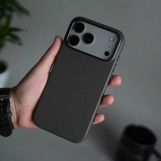 iPhone 17 Pro Premium PU Leather MagSafe Case | Metal Camera Frame Luxury Back Cover | Dark Gray
